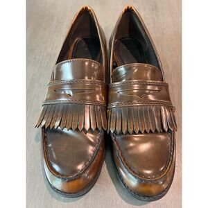 Zara Brown Kiltie Fringe Penny Loafers Women Size 41 (10)Burnished Slip On Shoes
